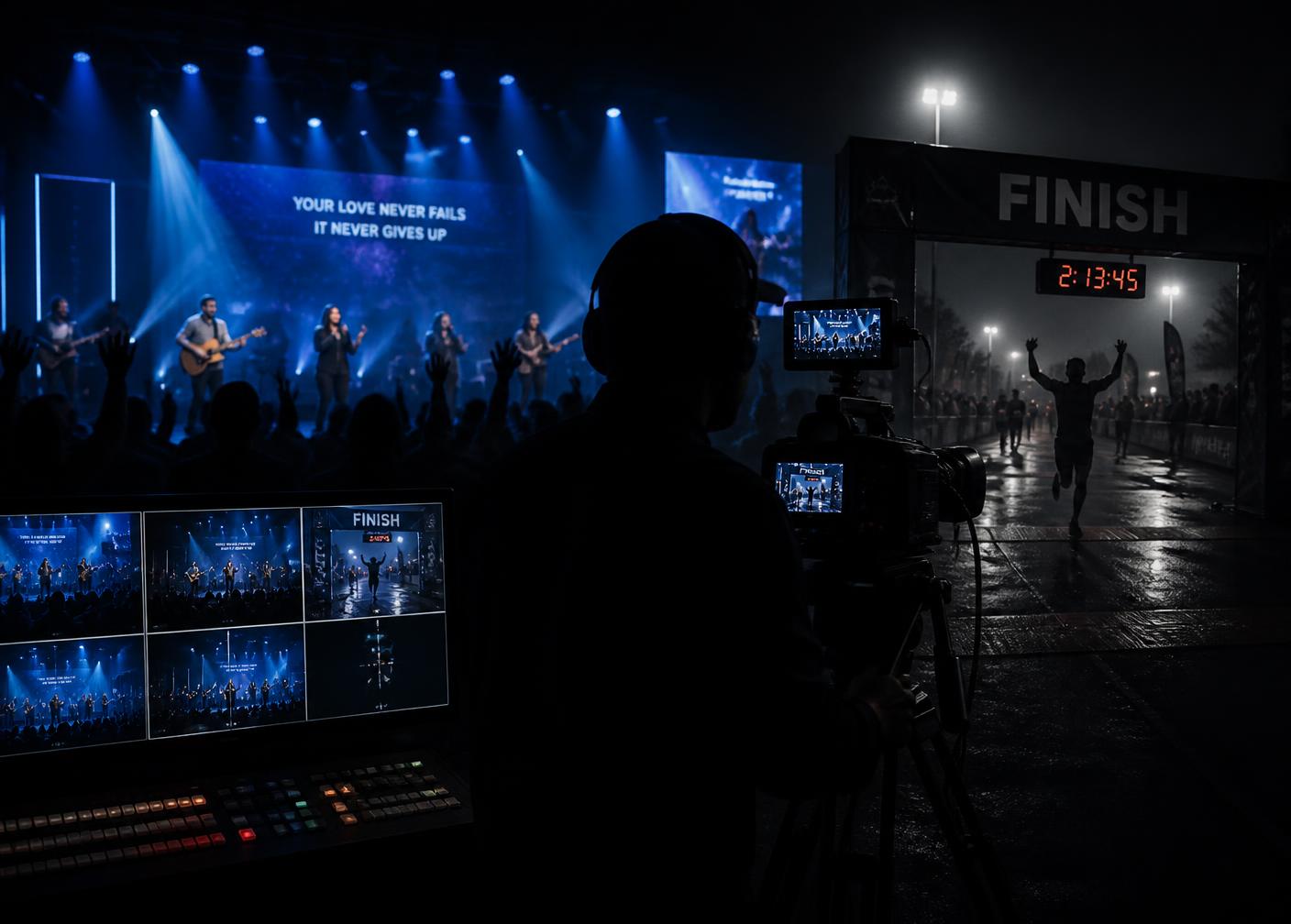 Camera operator switching a multi-camera church service and race finish line broadcast